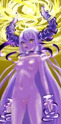 Rule 34 | 1girl, absurdres, braid, breasts, cleft of venus, completely nude, elazale, highres, hololive, horns, la+ darknesss, long hair, looking at viewer, magic, multicolored hair, navel, nipples, nude, open mouth, pointy ears, purple hair, small breasts, solo, two-tone hair, uncensored, very long hair, virtual youtuber, white hair, yellow eyes