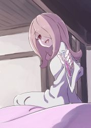 Rule 34 | 1girl, :d, bed, bright pupils, bunk bed, dress, from side, hair over one eye, highres, indoors, little witch academia, long hair, long sleeves, looking at viewer, on bed, one eye covered, open mouth, pink hair, red eyes, sharp teeth, sitting, smile, solo, sucy manbavaran, tama (tama-s), teeth, vial, white dress, wide sleeves
