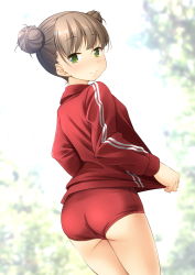 Rule 34 | 1girl, ass, blurry, blurry background, blush, brown hair, buruma, closed mouth, commentary request, depth of field, double bun, dutch angle, from behind, green eyes, gym uniform, hair bun, highres, jacket, long sleeves, looking at viewer, looking back, original, red buruma, red jacket, shibacha, solo, standing, track jacket
