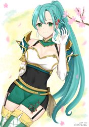 Rule 34 | 1girl, absurdres, alternate hairstyle, aqua hair, armor, bare shoulders, black dress, breasts, cherry blossoms, chloe (fire emblem), cleavage, commentary request, covered navel, dress, fire emblem, fire emblem engage, garter straps, gloves, green eyes, green skirt, hand up, highres, large breasts, long hair, looking at viewer, nintendo, otokajife, pencil dress, petals, ponytail, short dress, shoulder armor, skirt, smile, solo, thighhighs, very long hair, white gloves