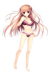 Rule 34 | 1girl, bare shoulders, barefoot, bikini, blush, braid, breasts, brown hair, cleavage, frills, full body, hair ornament, hairclip, hand on own chest, haruoto alice gram, highres, large breasts, long hair, looking at viewer, mitha, nanao naru, navel, official art, red eyes, shirahane yuuri, smile, solo, standing, swimsuit, transparent background