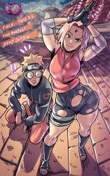 Rule 34 | !, 1boy, 1girl, bike shorts, black gloves, blonde hair, breasts, d-art, facial mark, forehead jewel, forehead mark, forehead protector, gloves, green eyes, grin, growth, hands together, haruno sakura, headband, highres, konohagakure symbol, long sleeves, looking at viewer, medium breasts, naruto (series), naruto shippuuden, pink hair, short hair, shorts, sleeveless, smile, squatting, surprised, thick thighs, thigh strap, thighs, toeless footwear, torn clothes, uzumaki naruto, whiskers, wide hips
