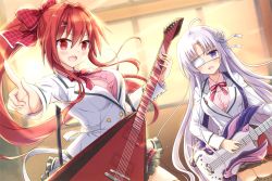 Rule 34 | 2girls, :d, ahoge, blush, bow, breasts, eyepatch, flower, guitar, hair bow, hair flower, hair intakes, hair ornament, hairclip, heroic songs!, index finger raised, indoors, instrument, large breasts, long hair, multiple girls, music, open mouth, playing instrument, ponytail, purple eyes, purple hair, red bow, red eyes, red hair, skirt, smile, standing, thighhighs, tougo, very long hair, window