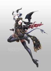Rule 34 | 1girl, ass, au ra, bad id, bad twitter id, black footwear, boots, dagger, dragon horns, dragon tail, dragon wings, dual wielding, english text, final fantasy, final fantasy xiv, gradient background, grey background, heterochromia, high heel boots, high heels, highres, holding, holding dagger, holding knife, holding weapon, horns, knife, looking at viewer, multiple horns, parted lips, red eyes, reverse grip, samei ikusa, short hair, solo, tail, thigh boots, thighhighs, vest, weapon, white hair, wide-eyed, wings