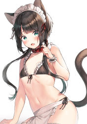 Rule 34 | 1girl, animal ears, apron, bare arms, bare shoulders, bikini, black bikini, black hair, blush, breasts, cat ears, cat girl, cat tail, collar, commentary request, fang, frilled apron, frilled bikini, frills, front-tie top, green eyes, groin, hair over shoulder, hair ribbon, hand up, long hair, looking at viewer, low twintails, maid, maid bikini, midorikawa you, navel, open mouth, original, red collar, red ribbon, ribbon, side-tie bikini bottom, single wrist cuff, small breasts, solo, swimsuit, tail, twintails, unconventional maid, very long hair, waist apron, white apron, white background, wrist cuffs