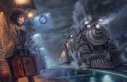 Rule 34 | 1boy, 1girl, arched back, black gloves, black hair, bow, bowtie, brown eyes, ceiling light, chkai2281, clock, cloud, cloudy sky, coat, dutch angle, gloves, hat, highres, lamppost, locomotive, looking to the side, night, open clothes, open coat, open mouth, original, outdoors, pants, rain, roman numeral, short hair, sky, solo focus, steam locomotive, suitcase, train, train station, v arms, vanishing point, waistcoat