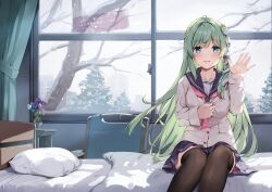 Rule 34 | 1girl, bed, bed sheet, blue eyes, blush, branch, breasts, buttons, chair, curtains, day, flower, frog hair ornament, green eyes, hair ornament, hair tubes, hand up, highres, indoors, kochiya sanae, long hair, long sleeves, looking at viewer, medium breasts, miyase mahiro, non-web source, open mouth, pillow, school uniform, shadow, sitting, skirt, smile, snake hair ornament, snow, snowing, solo, table, thighhighs, touhou, window