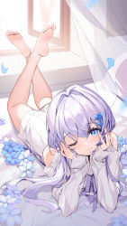 Rule 34 | 1girl, ;), absurdres, barefoot, bed sheet, bison cangshu, blue eyes, blue flower, butterfly hair ornament, clothing cutout, commentary request, crossed legs, curtains, day, dress, flower, greek toe, hair between eyes, hair intakes, hair ornament, highres, indoors, legs up, long hair, long sleeves, looking at viewer, lying, on stomach, one eye closed, open window, original, petals, purple hair, ribbed sweater, shoulder cutout, sleeves past wrists, smile, soles, solo, sunlight, sweater, sweater dress, the pose, toes, transparent, white flower, white sweater, window