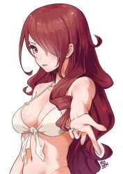 Rule 34 | 1girl, absurdres, alternate costume, artist name, bikini, breasts, cleavage, closed mouth, commentary, hair over one eye, highres, kirijou mitsuru, lips, long hair, looking at viewer, medium breasts, navel, one eye covered, persona, persona 3, pink lips, pointing, pointing at viewer, red hair, rojen, simple background, smile, solo, stomach, swimsuit, symbol-only commentary, very long hair, white background, white bikini