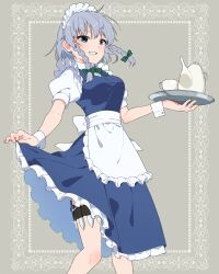 Rule 34 | 1girl, apron, blue dress, blue eyes, bow, bowtie, braid, breasts, collared shirt, commentary request, cowboy shot, cup, dress, frilled apron, frilled dress, frills, german shiroishi, green bow, green bowtie, green ribbon, grey hair, grin, hair ribbon, holding, holding tray, holster, izayoi sakuya, knife, legs, maid, maid headdress, medium breasts, medium hair, ribbon, shirt, skirt hold, smile, solo, teacup, teapot, thigh holster, touhou, tray, twin braids, waist apron, waist bow, white apron, white bow, white shirt, wrist cuffs