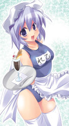 Rule 34 | 1girl, apron, bad id, bad pixiv id, breasts, female focus, hat, letty whiterock, maki (seventh heaven maxion), name tag, one-piece swimsuit, purple eyes, purple hair, school swimsuit, solo, swimsuit, touhou, tray, waist apron, waitress