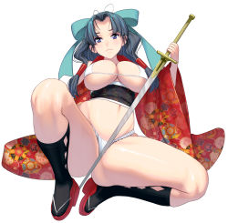 Rule 34 | 1girl, bikini, black socks, blue eyes, breasts, cleavage, covered erect nipples, full body, fundoshi, grey hair, hair ribbon, hair tubes, highres, holding, holding sword, holding weapon, japanese clothes, kneehighs, kouno (masao), large breasts, long hair, looking at viewer, obi, original, ribbon, sandals, sash, simple background, sitting, socks, solo, spread legs, swimsuit, sword, weapon, white background, wide sleeves