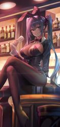 Rule 34 | 1girl, alternate costume, animal ears, bad id, bad twitter id, blush, bow, breasts, cleavage, cropped jacket, crossed legs, cup, dasha, detached collar, fake animal ears, green eyes, hatsune miku, highres, holding, holding cup, large breasts, leotard, long hair, looking at viewer, pantyhose, playboy bunny, rabbit ears, sidelocks, sitting, solo, twintails, vocaloid, wrist cuffs