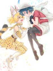 Rule 34 | 2girls, animal ears, animal print, bag, belt, black footwear, black gloves, black hair, blonde hair, blue eyes, bow, bowtie, elbow gloves, gloves, hat, inukoro (spa), kaban (kemono friends), kemono friends, leopard print, looking at another, multiple girls, open mouth, pantyhose, ribbon, serval (kemono friends), shirt tucked in, short hair, short sleeves, shorts, skirt, smile, tail, tears, thighhighs, thighs, tongue, traditional bowtie, white background, white footwear, yellow eyes