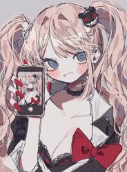 Rule 34 | 1girl, 3j dangan, bear hair ornament, black shirt, blonde hair, blue eyes, bow, breasts, cleavage, collarbone, danganronpa: trigger happy havoc, danganronpa (series), enoshima junko, hair ornament, highres, holding, holding phone, large breasts, long hair, looking at viewer, nail polish, necktie, phone, photo (object), red bow, red nails, shirt, smile, solo, twintails