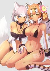 Rule 34 | 2girls, absurdres, animal ears, animal hands, arm under breasts, bad id, bad pixiv id, bare legs, bare shoulders, barefoot, bikini, black bikini, black hair, blue eyes, bracelet, breasts, claws, cleavage, collar, collarbone, commentary, cuffs, deku suke, dog (mixed breed) (kemono friends), dog ears, dog tail, elbow gloves, extra ears, flower, gloves, grey background, grey hair, hair flower, hair ornament, hand on own thigh, heterochromia, highres, japari symbol, jewelry, kemono friends, large breasts, long hair, looking at viewer, medium hair, multicolored hair, multiple girls, navel, necklace, o-ring, orange eyes, orange hair, shackles, siberian tiger (kemono friends), side-tie bikini bottom, simple background, sitting, smile, stomach, string bikini, striped tail, sun tattoo, swimsuit, tail, tan, tiger ears, tiger tail, two-tone hair, white gloves, white hair