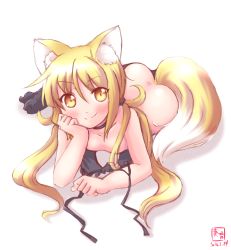 Rule 34 | 10s, 1girl, 2016, anal tail, animal ears, ass, bare shoulders, black bra, black thighhighs, blonde hair, blush, bra, unworn bra, choker, commentary request, dated, fake tail, fox ears, fox tail, head rest, highres, kanon (kurogane knights), kantai collection, kemonomimi mode, long hair, low twintails, satsuki (kancolle), simple background, smile, solo, tail, thighhighs, twintails, underwear, white background, yellow eyes