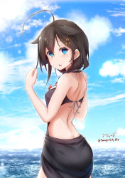 Rule 34 | 1girl, ahoge, artist name, baileys (tranquillity650), blue eyes, blue one-piece swimsuit, braid, brown hair, cloud, cloudy sky, commentary, day, hair between eyes, hair flaps, highres, kantai collection, looking at viewer, looking back, ocean, one-piece swimsuit, sarong, shigure (kancolle), shigure kai ni (kancolle), sidelocks, signature, single braid, sky, solo, swimsuit