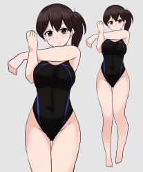 Rule 34 | 1girl, absurdres, barefoot, black one-piece swimsuit, breasts, brown eyes, brown hair, collarbone, competition swimsuit, exercising, gluteal fold, hair between eyes, highres, kaga (kancolle), kantai collection, large breasts, looking at viewer, noruren, one-piece swimsuit, short hair, side ponytail, smile, stretching, swimsuit, zoom layer