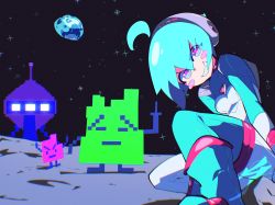 Rule 34 | 1girl, aetherion, ahoge, alien, aqua eyes, aqua hair, aqua teen hunger force, blush stickers, breasts, cartoon network, commentary, earth (planet), english commentary, err, grin, highres, ignignokt, looking at viewer, middle finger, moon, multicolored eyes, on moon, original, pink eyes, pixelated, planet, small breasts, smile, space, space girl (aetherion), spacecraft, star (sky)