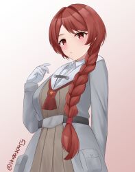 Rule 34 | 1girl, braid, brown dress, closed mouth, dress, gloves, grey jacket, highres, jacket, kantai collection, long hair, long sleeves, nevada (kancolle), red eyes, red hair, shidas0459, single braid, solo, twitter username, upper body, white gloves