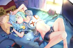 Rule 34 | 1girl, ahoge, animal ears, arms up, bed sheet, black shorts, blush, breasts, cat ears, controller, highres, holding, holding phone, indie virtual youtuber, lanmewko, looking at viewer, lying, medium breasts, midriff, navel, nintendo switch, on back, one eye closed, parted lips, phone, pillow, rei (rei&#039;s room), short sleeves, shorts, sidelocks, solo, thighs, virtual youtuber