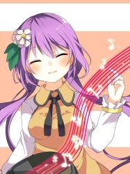 Rule 34 | 1girl, bad id, bad twitter id, beamed quavers, blush, breasts, closed eyes, flower, hair between eyes, hair flower, hair ornament, highres, horizontal-striped background, karasusou nano, long sleeves, low twintails, medium breasts, multicolored background, musical note, open mouth, purple hair, quaver, sharp sign, smile, solo, staff (music), striped, striped background, touhou, tsukumo benben, twintails, two-tone background, upper body