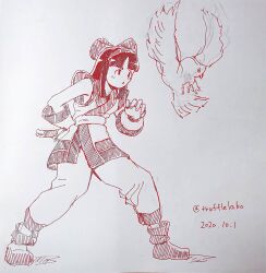 Rule 34 | 1girl, ainu clothes, artist name, breasts, clenched hand, fighting stance, fingerless gloves, gloves, hair ribbon, highres, legs, long hair, mamahaha, monochrome, nakoruru, pants, ribbon, samurai spirits, small breasts, snk, the king of fighters, thighs, traditional media, weapon