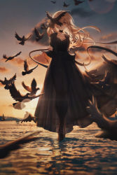 Rule 34 | 1girl, absurdres, animal, arms behind back, backlighting, bird, black bow, black choker, black dress, black footwear, black pantyhose, black theme, blurry, blurry background, bow, breasts, choker, cleavage, closed mouth, cloud, cloudy sky, collarbone, dark clouds, depth of field, dress, floating hair, frilled choker, frills, full body, gradient sky, grey sky, hair over one eye, half-closed eyes, high heels, highres, horizon, konya karasue, legs together, lens flare, light brown hair, light particles, light rays, long dress, long hair, looking at viewer, medium breasts, motion blur, mountainous horizon, one eye covered, orange eyes, original, outdoors, pantyhose, ripples, see-through, see-through dress, see-through silhouette, sky, solo, standing, standing on liquid, sunlight, sunset, thick eyebrows, thigh gap, waist bow, water, water surface, yellow sky