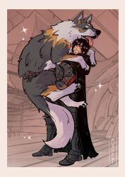 Rule 34 | 1boy, armor, beard, black hair, cape, clive rosfield, facial hair, fangs, final fantasy, final fantasy xvi, grey wolf, highres, kushexi, lifting animal, open mouth, scar, scar on face, smile, sparkle, standing, tongue, tongue out, torgal (ff16), wolf