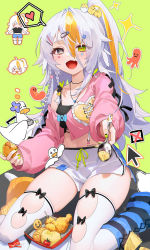 Rule 34 | 1girl, absurdres, bird, braid, breasts, chicken, chicken (food), eyebrows hidden by hair, food, green eyes, grey eyes, hair between eyes, hair ornament, hairclip, highres, holding, holding food, holding spoon, long hair, medium breasts, multicolored eyes, multicolored hair, nail polish, open mouth, orange hair, original, ponytail, shorts, sitting, smile, solo, spoon, tangdouji (machine), teeth, thighhighs, vest, white hair, white thighhighs