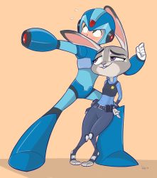 Rule 34 | 1boy, 1girl, animal ears, animal hands, arm cannon, arm up, artist name, belt, belt pouch, black vest, blue pants, blue shirt, blush, brown background, clenched hand, crossover, dated, flying sweatdrops, full body, furry, green eyes, hand up, helmet, highres, jobbythehong, judy hopps, knees together feet apart, leaning, leaning on person, legs apart, lip biting, long sleeves, looking away, looking to the side, looking up, mega man (series), mega man x (series), outstretched arm, pants, pigeon-toed, police, police badge, police uniform, pouch, purple eyes, rabbit ears, raised eyebrow, shirt, signature, simple background, smile, standing, teeth, two-tone background, uniform, vest, weapon, x (mega man), zootopia