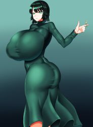 Rule 34 | 1girl, absurdres, artist request, ass, breasts, dress, fubuki (one-punch man), green dress, highres, huge breasts, one-punch man, short hair, simple background, solo, tagme