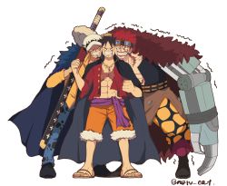 Rule 34 | 3boys, absurdres, cheek-to-cheek, clenched hands, clenched teeth, competition, eustass kid, hat, heads together, highres, holding, holding weapon, jacket, jacket on shoulders, male focus, mechanical arms, monkey d. luffy, multiple boys, ngtvcat, one piece, sheath, sheathed, single mechanical arm, sword, teeth, trafalgar law, weapon