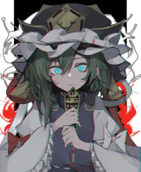 Rule 34 | 1girl, absurdres, aqua eyes, asymmetrical hair, blouse, blue vest, bow, buttons, chromatic aberration, closed mouth, epaulettes, flower, frilled hat, frills, green hair, hair between eyes, hat, hat ribbon, highres, hisha (kan moko), long sleeves, looking at viewer, red bow, red ribbon, ribbon, rod of remorse, shade, shiki eiki, shirt, sidelocks, solo, spider lily, touhou, upper body, vest, white bow, white ribbon, wide sleeves
