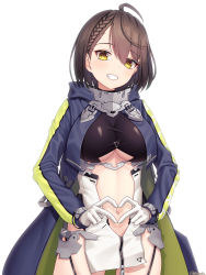 Rule 34 | 1girl, absurdres, ahoge, armor, azur lane, baltimore (azur lane), bintz, black leotard, blue coat, blush, braid, breasts, brown hair, center opening, clothing cutout, coat, commentary, cowboy shot, faulds, french braid, garter straps, gloves, grin, hair between eyes, head tilt, heart, heart hands, highres, hood, hood down, hooded coat, large breasts, leotard, long sleeves, looking at viewer, multicolored coat, navel, navel cutout, open clothes, open coat, pelvic curtain, shadow, shiny clothes, short hair, side slit, sidelocks, signature, simple background, smile, solo, standing, taut clothes, underboob, underboob cutout, white background, white gloves, yellow eyes, zipper, zipper pull tab