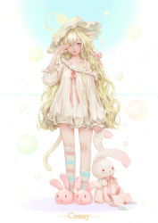 Rule 34 | 1girl, animal ears, animal slippers, bad id, bad pixiv id, blonde hair, bunny slippers, cat ears, cat tail, coney, fang, hat, kneehighs, long hair, nightgown, off shoulder, one eye closed, open mouth, original, pajamas, purple eyes, rubbing eyes, sleepy, slippers, socks, solo, star (symbol), striped clothes, striped socks, stuffed animal, stuffed rabbit, stuffed toy, tail, very long hair, wavy hair