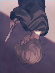 Rule 34 | 1boy, black hoodie, blurry, blurry background, brown eyes, chromatic aberration, commentary, facing away, fingernails, from behind, grey background, highres, holding, holding knife, hood, hood down, hoodie, kagerou project, kano shuuya, knife, light brown hair, long sleeves, looking at object, male focus, mekakucity actors, mokemoke chan, reflection, short hair, solo, two-tone background, upper body, upside-down