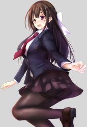 Rule 34 | 1girl, black hair, black pantyhose, black skirt, blush, bow, breasts, commentary request, hair bow, large breasts, long hair, long sleeves, open mouth, original, pantyhose, pleated skirt, red eyes, rikudou inuhiko, school uniform, skirt, solo, white bow