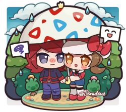 Rule 34 | 1boy, 1girl, apricorn, brown eyes, brown hair, cabbie hat, chibi, cloud, creatures (company), donutous, flower, game freak, hat, looking at another, lyra (pokemon), nintendo, overalls, pine tree, pokemon, pokemon hgss, red hair, shared umbrella, silver (pokemon), smile, spoken squiggle, squiggle, tree, umbrella