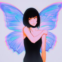 Rule 34 | 1girl, bad id, bad tumblr id, black hair, butterfly wings, camisole, closed mouth, green eyes, ilya kuvshinov, insect wings, lips, looking to the side, original, purple background, short hair, solo, upper body, wings
