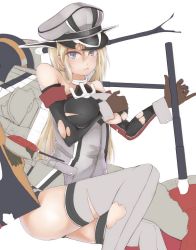 Rule 34 | 10s, 1girl, anchor, armband, bad id, bad pixiv id, bare shoulders, bismarck (kancolle), bismarck kai (kancolle), blonde hair, blue eyes, blush, boots, cannon, grey footwear, grey thighhighs, hat, highres, kantai collection, long hair, military, military hat, military uniform, nametake (nekoyasya12172), personification, solo, thighhighs, torn clothes, turret, uniform, very long hair, weapon