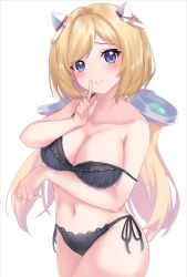 Rule 34 | 1girl, absurdres, aki rosenthal, arm under breasts, bare shoulders, black bra, black panties, blonde hair, blue eyes, blush, bra, breasts, cleavage, detached hair, enatsu, finger to mouth, hair ornament, highres, hololive, navel, off shoulder, panties, short hair, simple background, solo, strap slip, twintails, underwear, underwear only, virtual youtuber, white background