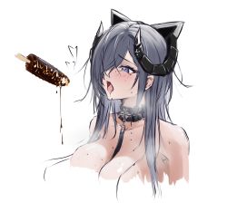 Rule 34 | 1girl, august von parseval (azur lane), azur lane, bare shoulders, black horns, blue eyes, blue hair, blush, breasts, chocolate banana, collarbone, cross, food, hair between eyes, hair over one eye, heart, heart-shaped pupils, highres, horns, ice cream, iron cross, jewelry, large breasts, long hair, long loye, looking up, naked shirt, necklace, open mouth, saliva, shirt, solo focus, symbol-shaped pupils, upper body, white background