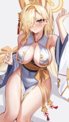 Rule 34 | 1girl, absurdres, animal ears, armpits, bare shoulders, blonde hair, blue archive, blush, breast curtains, breasts, cleavage, covered navel, detached sleeves, fox ears, hair over one eye, hairband, halo, highres, japanese clothes, kaho (blue archive), kimono, large breasts, long hair, looking at viewer, mole, mole under mouth, pelvic curtain, revealing clothes, side slit, sideboob, sitting, sleeveless, sleeveless kimono, solo, stone (ksorede), sweat, tassel, thick eyebrows, thighs, white background, white kimono, wide sleeves, yellow eyes, yellow hairband, yellow halo