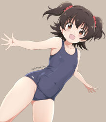 Rule 34 | 1girl, akagi miria, artist name, blue one-piece swimsuit, breasts, brown background, brown eyes, brown hair, collarbone, commentary request, covered navel, cowboy shot, highres, idolmaster, idolmaster cinderella girls, looking at viewer, one-piece swimsuit, open mouth, school swimsuit, short hair, simple background, small breasts, solo, swimsuit, tamayan, twitter username, two side up