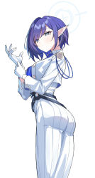 Rule 34 | 1girl, absurdres, aoi (blue archive), ass, blue archive, blue eyes, blue necktie, film grain, gloves, halo, highres, long skirt, looking at viewer, necktie, pointy ears, purple hair, shirt, skirt, solo, tamago (eva1314056), white gloves, white shirt, white skirt