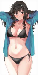 Rule 34 | 1girl, amagami, armpits, arms behind head, arms up, bikini, black bikini, black hair, black hairband, black ribbon, blue eyes, blue jacket, blush, breasts, cleavage, closed mouth, cowboy shot, drill hair, hairband, hands in hair, highres, jacket, large breasts, long hair, long sleeves, looking at viewer, mobu, morishima haruka, navel, open clothes, open jacket, ribbon, side-tie bikini bottom, simple background, smile, solo, stomach, swimsuit, thigh gap, white background