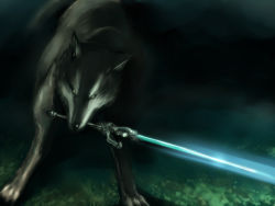 Rule 34 | animal, brown eyes, dark background, dark souls (series), dark souls i, from software, glowing, glowing sword, glowing weapon, great grey wolf sif, kaiga, mouth hold, no humans, standing, sword, unsheathed, weapon, wolf