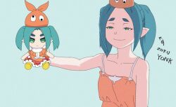 Rule 34 | 2girls, bare arms, bare shoulders, blue hair, boots, breasts, cleavage, collarbone, dress, eyebrows, frieren, green eyes, hat, monogatari (series), multiple girls, ononoki yotsugi, orange dress, orange shirt, pale skin, pointy ears, shirt, small breasts, smile, sousou no frieren, stuffed toy, tsukimonogatari, watermark, you can just give this kind of thing to men and they will be thrilled (meme)